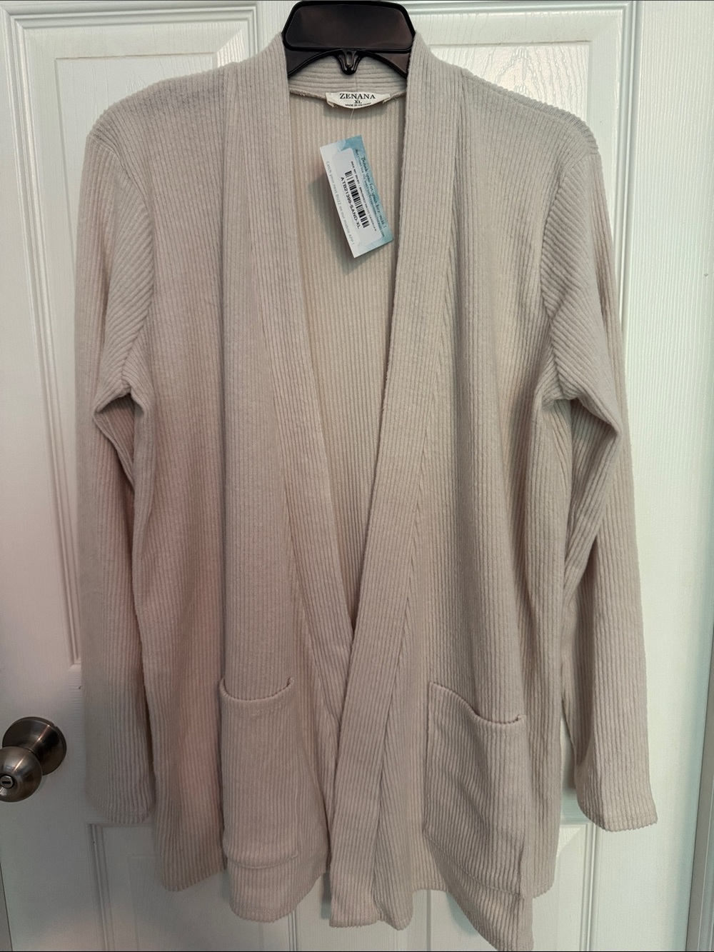 NWT Zenana Outfitters Beige Ribbed Open-Front Cardigan with Pockets